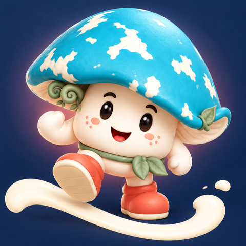 A small cream mushroom with a blue, cream-spotted cap and coral boots, waving.